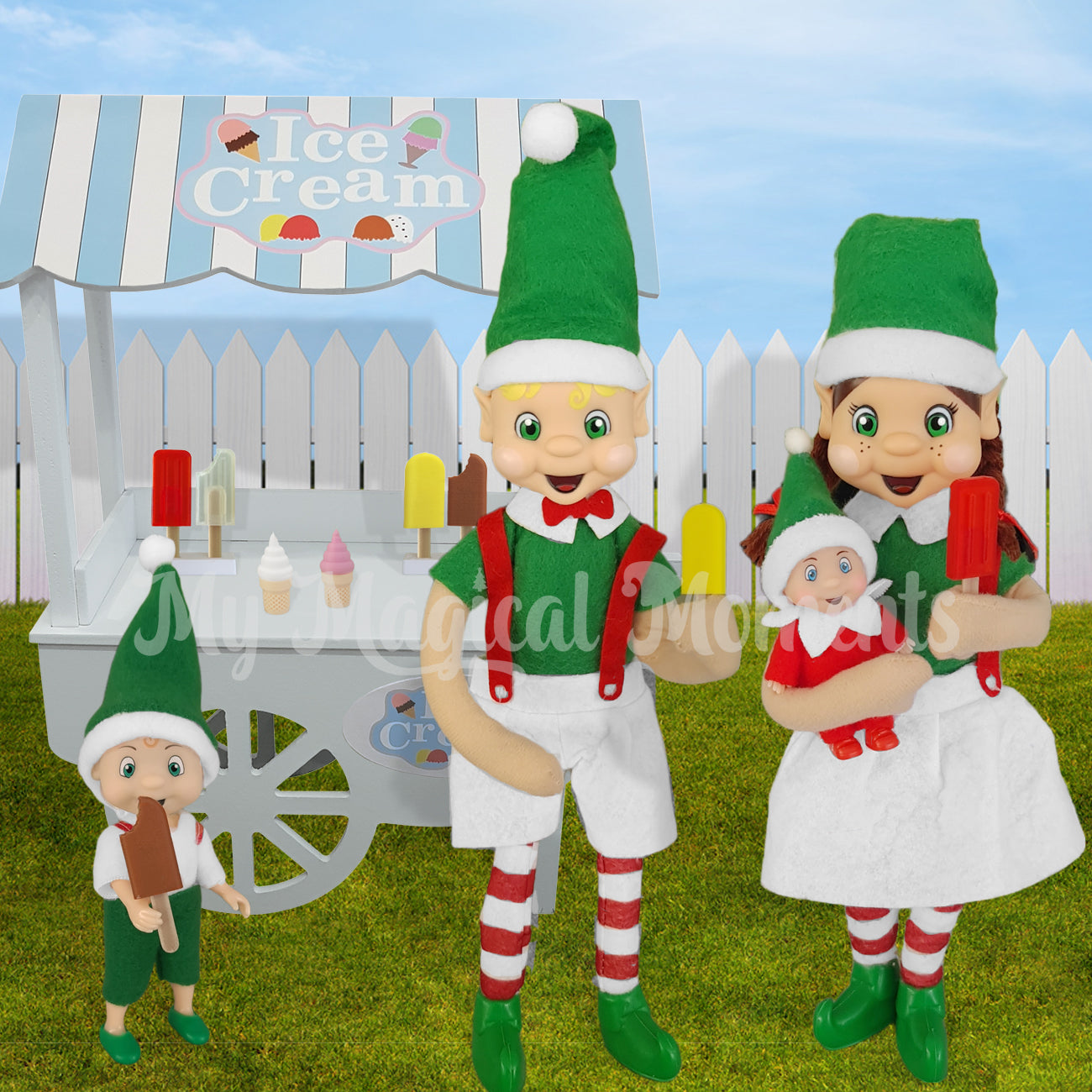 Elves eating ice cream as a family from an ice cream stand