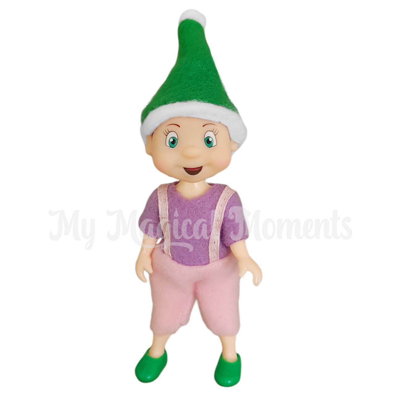 Elf toddler wearing pink and purple jumpsuit