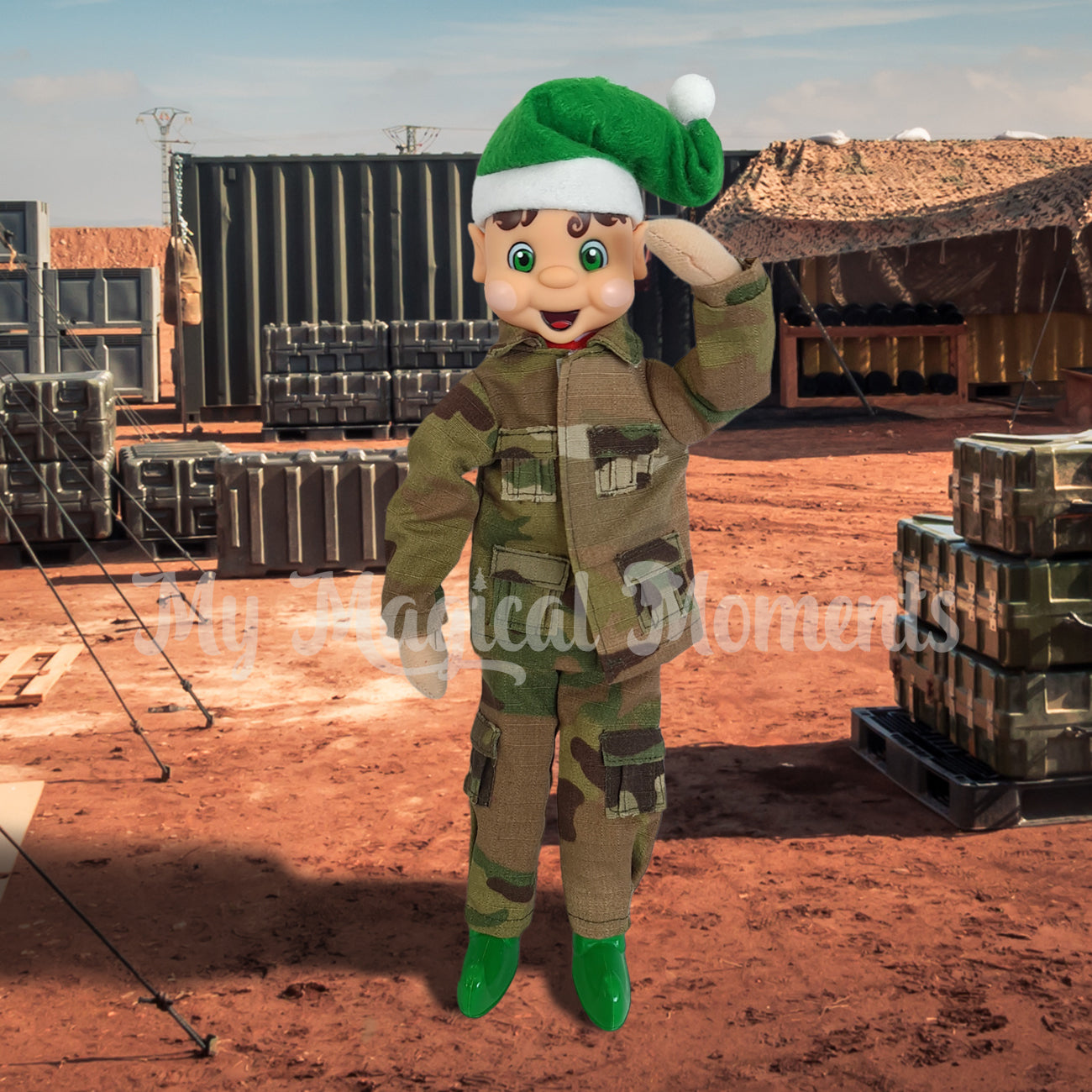 Army Barracks with elf dressed in army costume