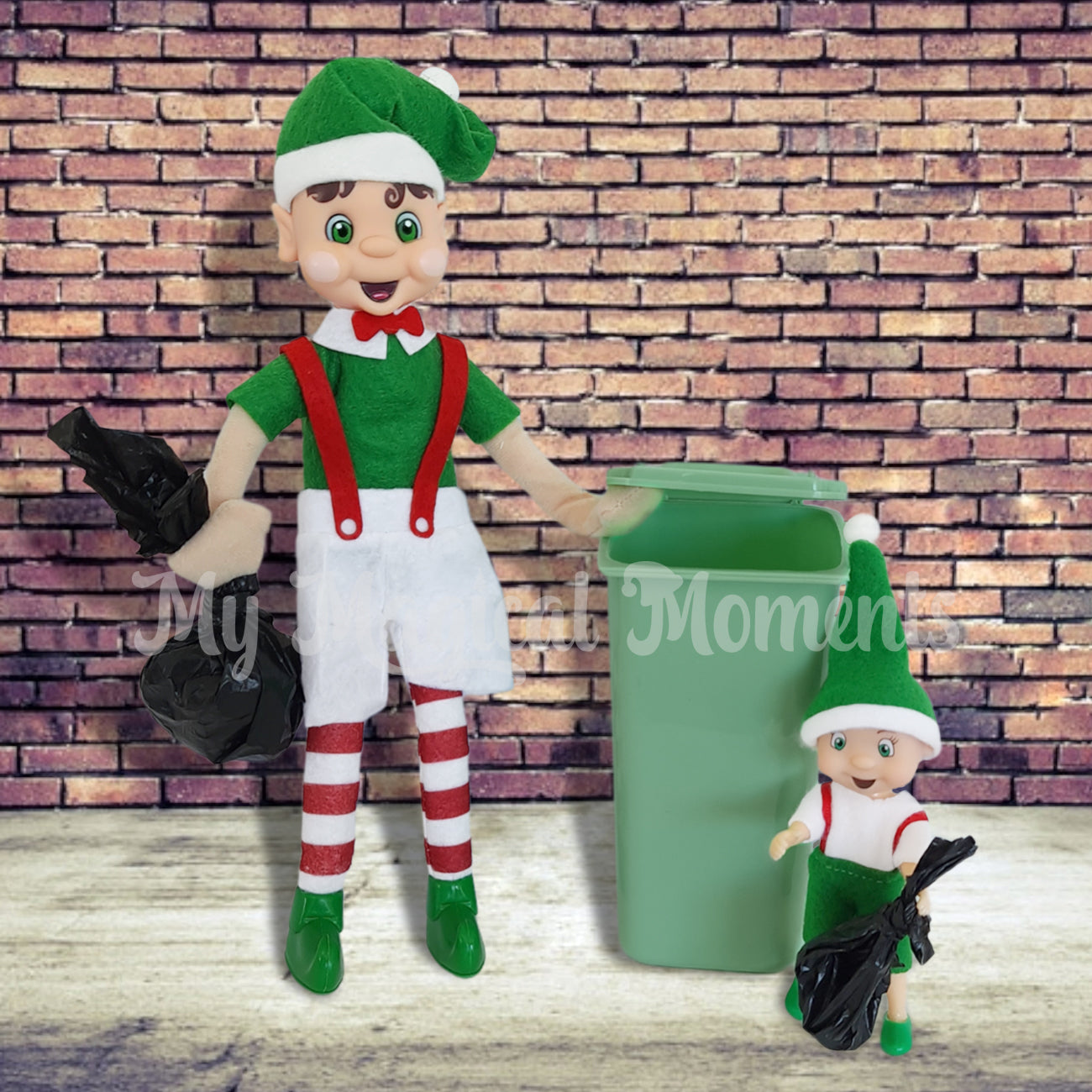 Elves taking out the trash with an elf toddler helping