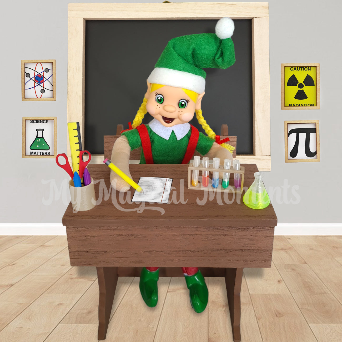 Blonde hair elf sitting at a classroom desk and writing notes. With a chemistry and stationery on desk. Chalkboard is behind