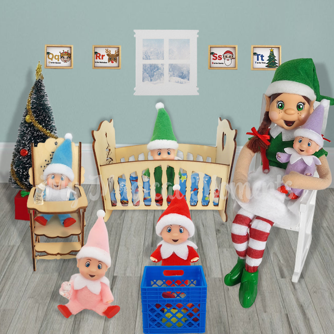 Elf baby daycare, with elf babies wearing different colour onsies. One is in the cot and the other elf baby is in a high chair