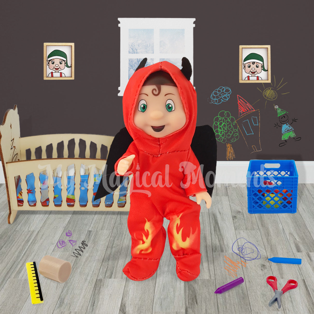 Elf toddler dressed as a toddler destroying his nursery