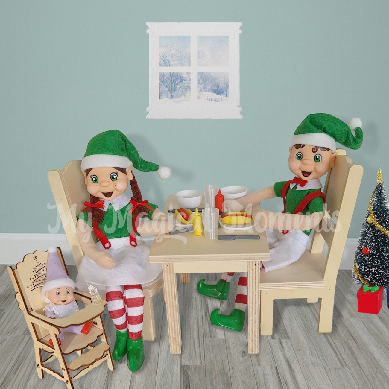 Elves having dinner at a elf sized wooden dining table with their elf baby in a high chair