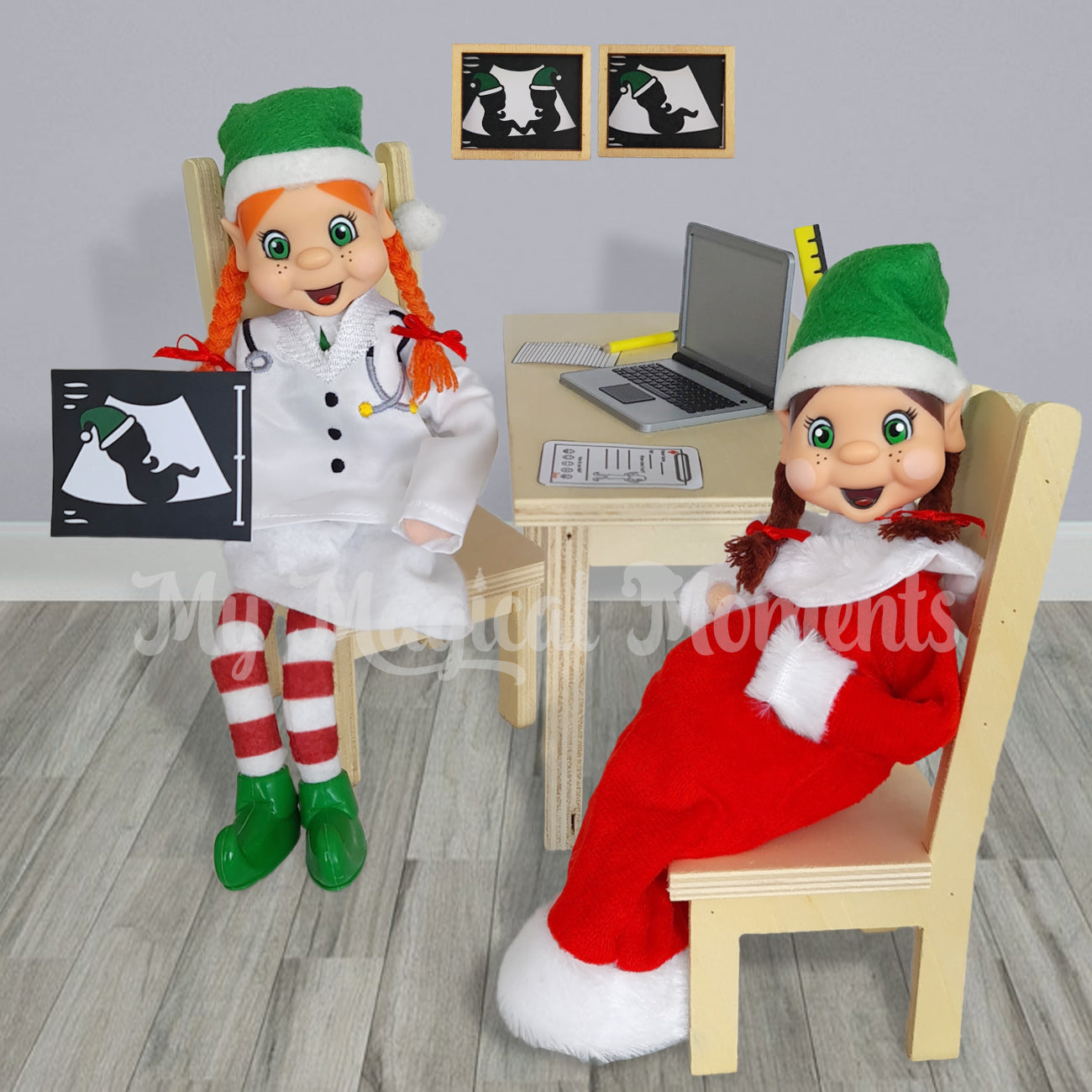 Pregnant elf seeing a doctor and her miniature ultrasound