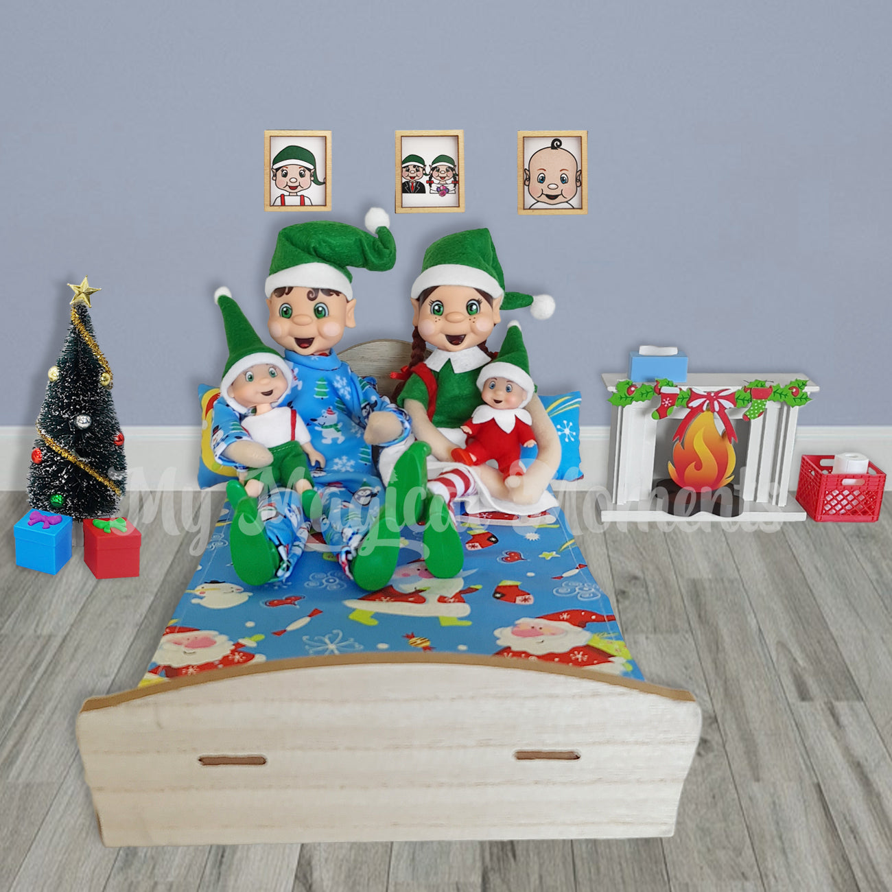 Elf family in bed with fireplace and Christmas tree