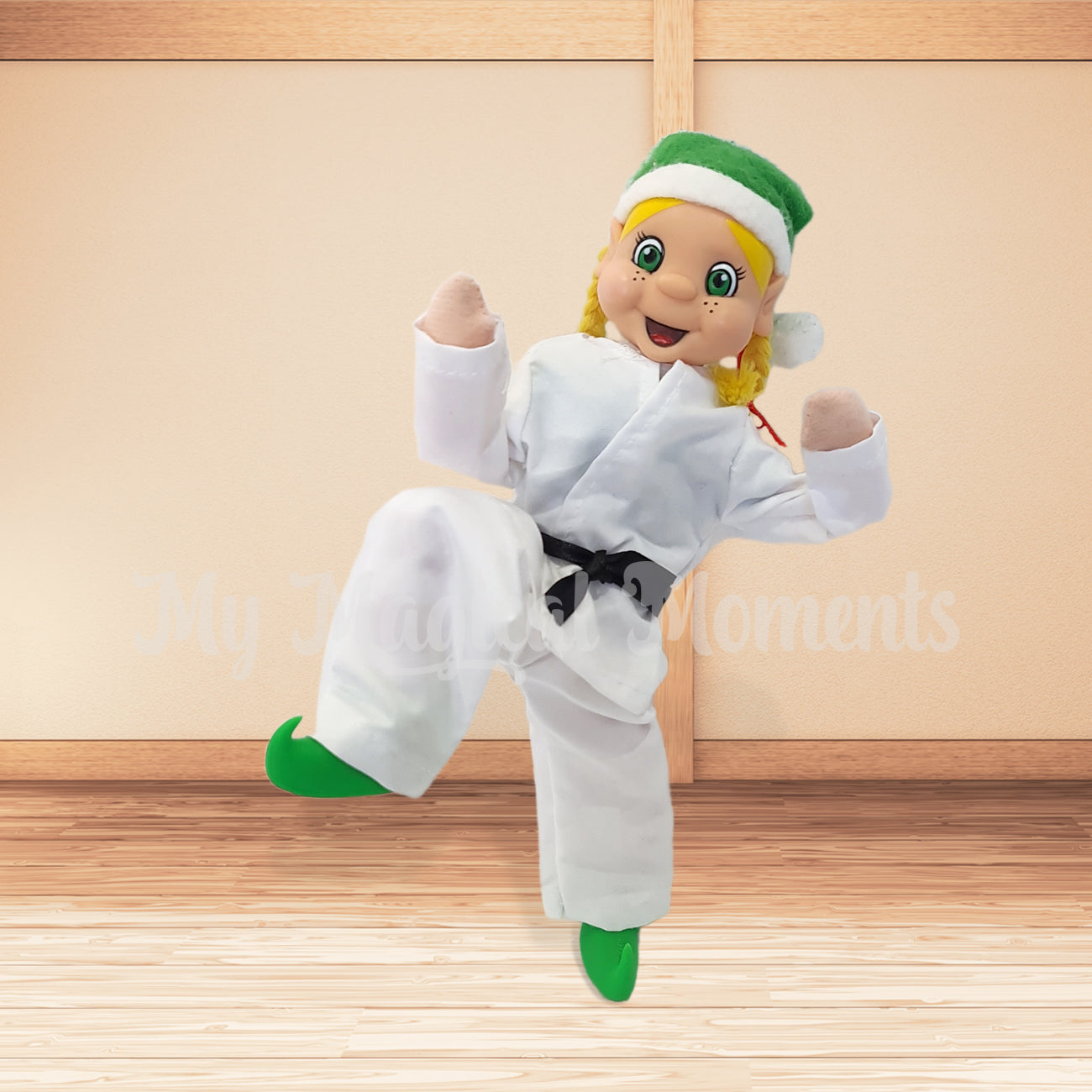 Elf wearing a karate dress up