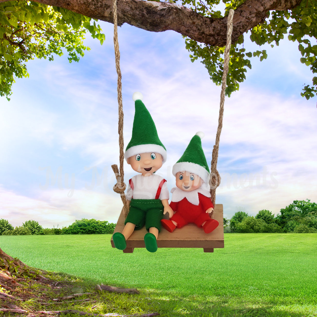 Elf toddler on a swing and an elf baby