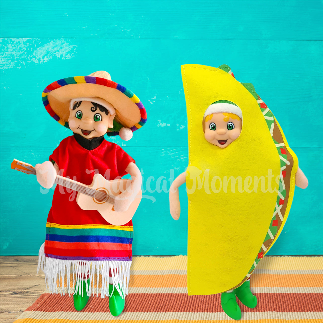 elf dressed in a Mexican outfit with taco elf playing guitar