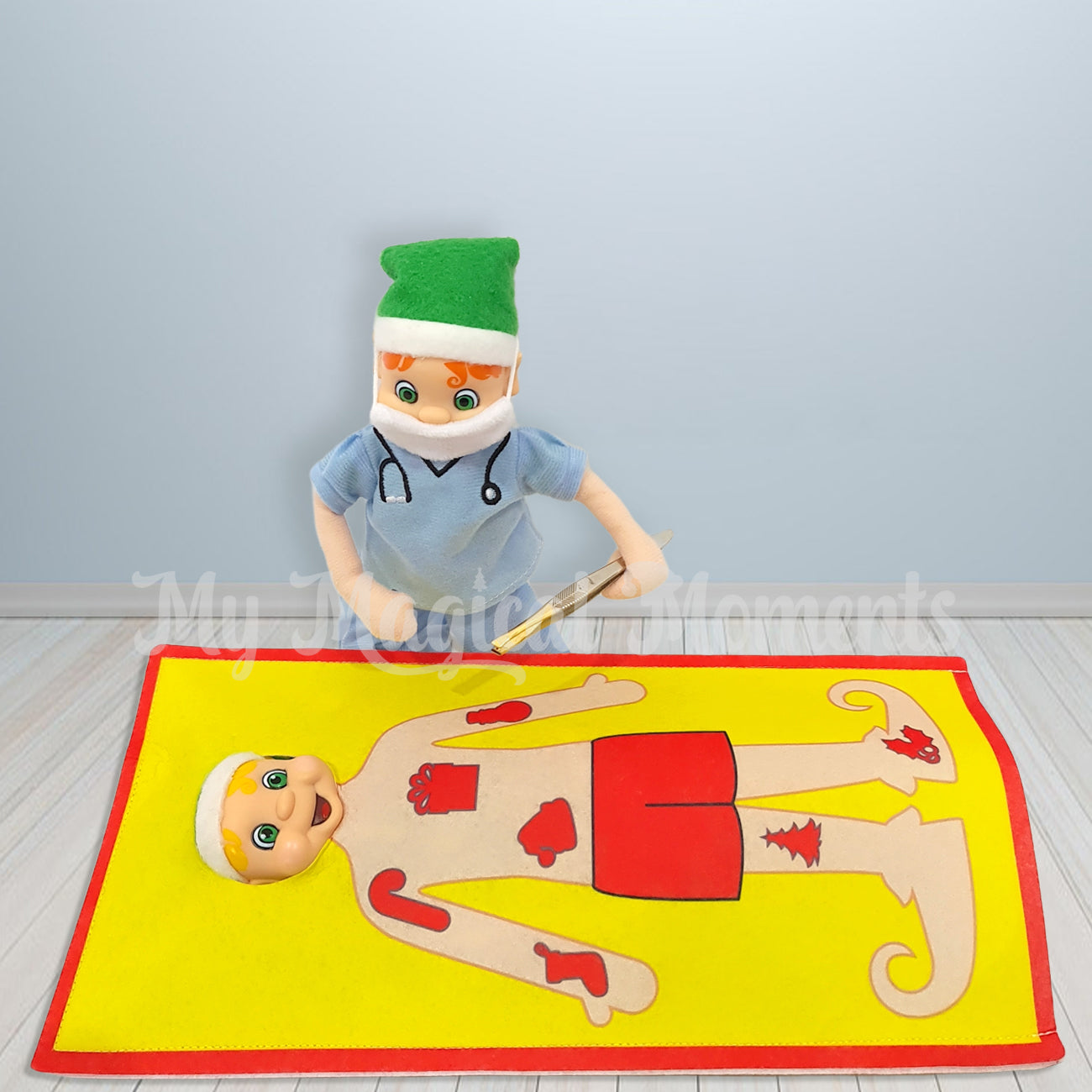 Elf dressed as nurse holding tweezers going to operate on an elf dressed in an operation game costume