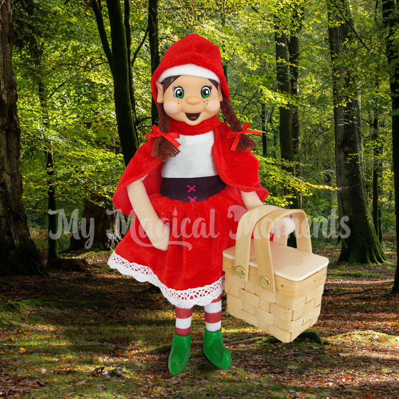elf dressed as red riding hood taking a picnic