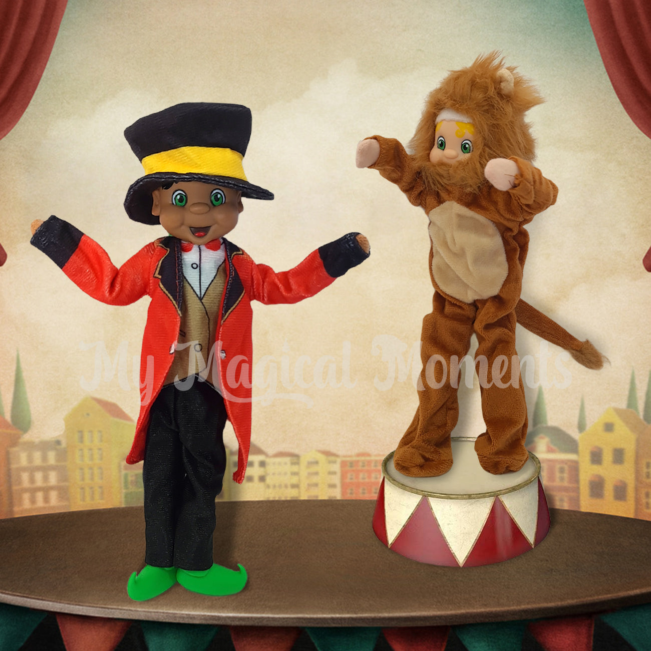Elf dressed as a ringmaster and another elf is wearing a lion costume