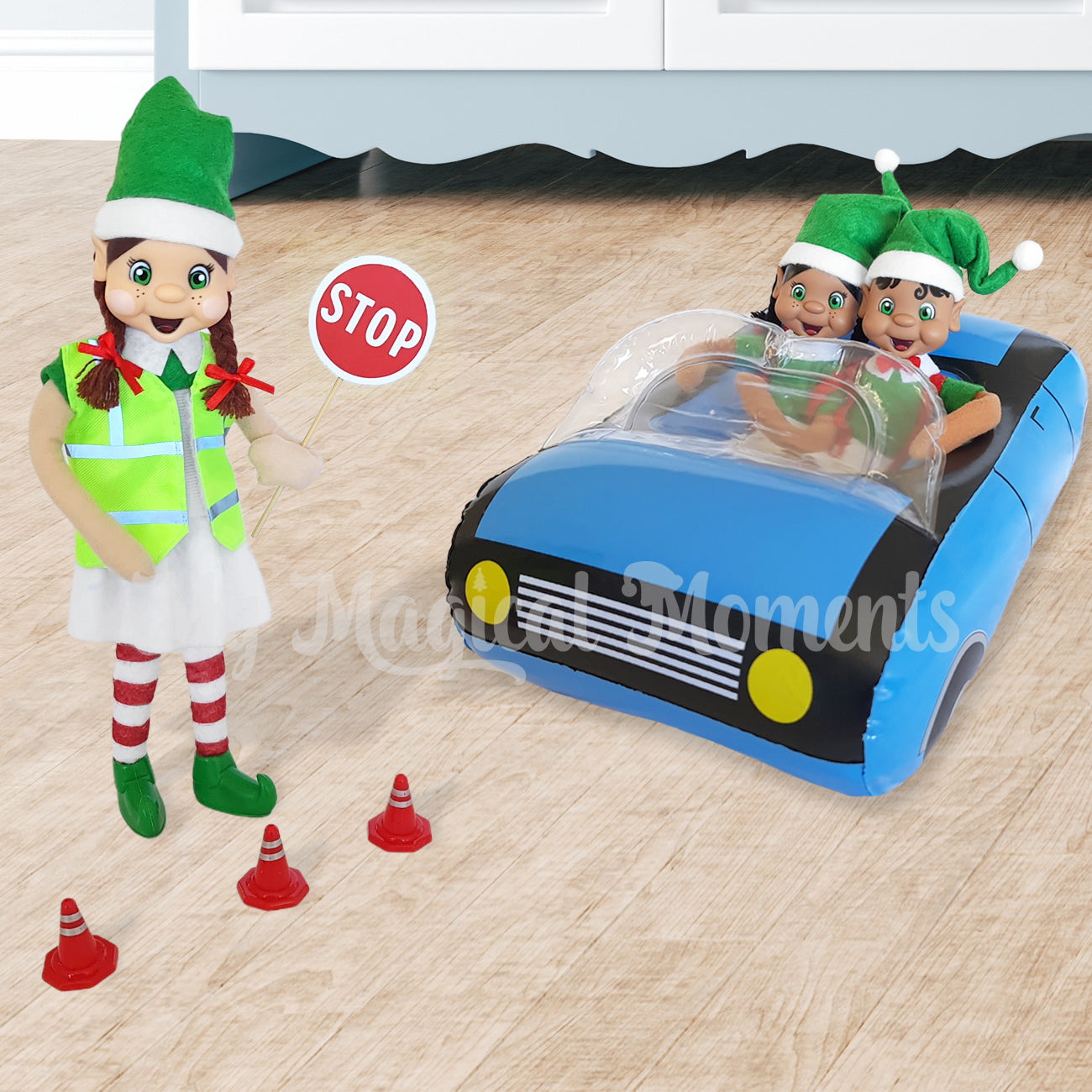 Roadworker dressed elf stopping traffic elves driving a blue car