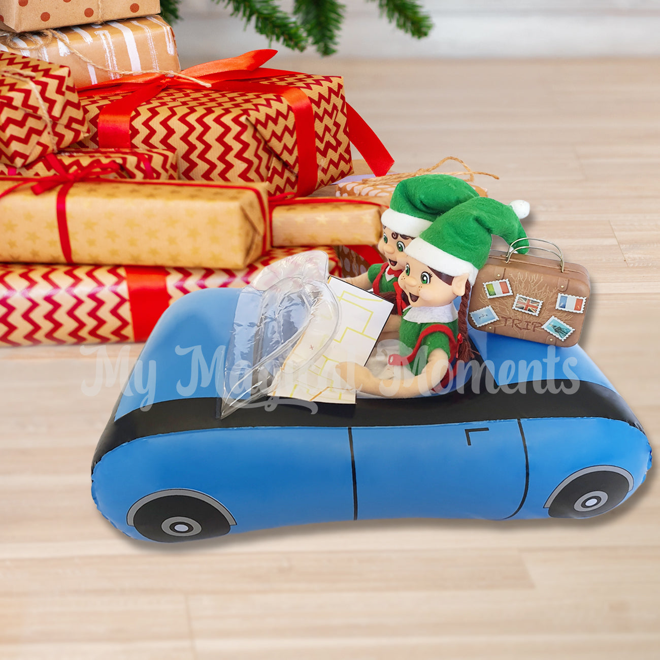 Elves going on a road trip around the Christmas tree in their mini car and suitcase