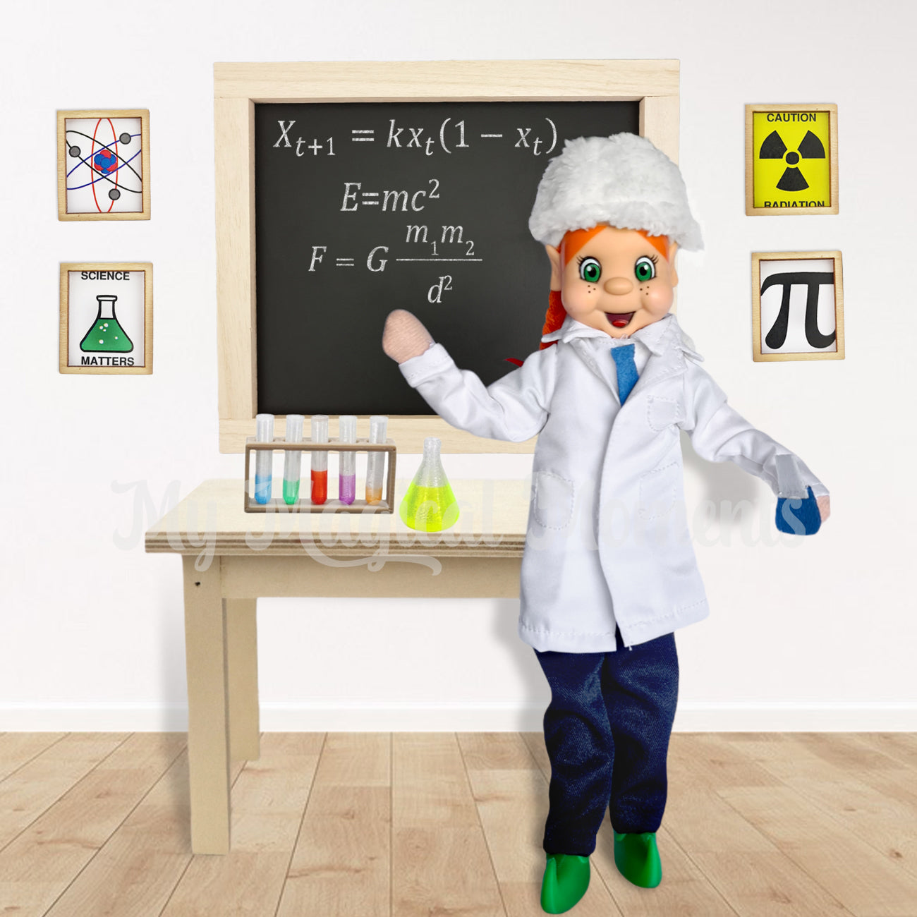 Orange hair elf dressed as a scientist, holding a beaker. Table behind with a miniature chemistry set and chalkboard with science equations