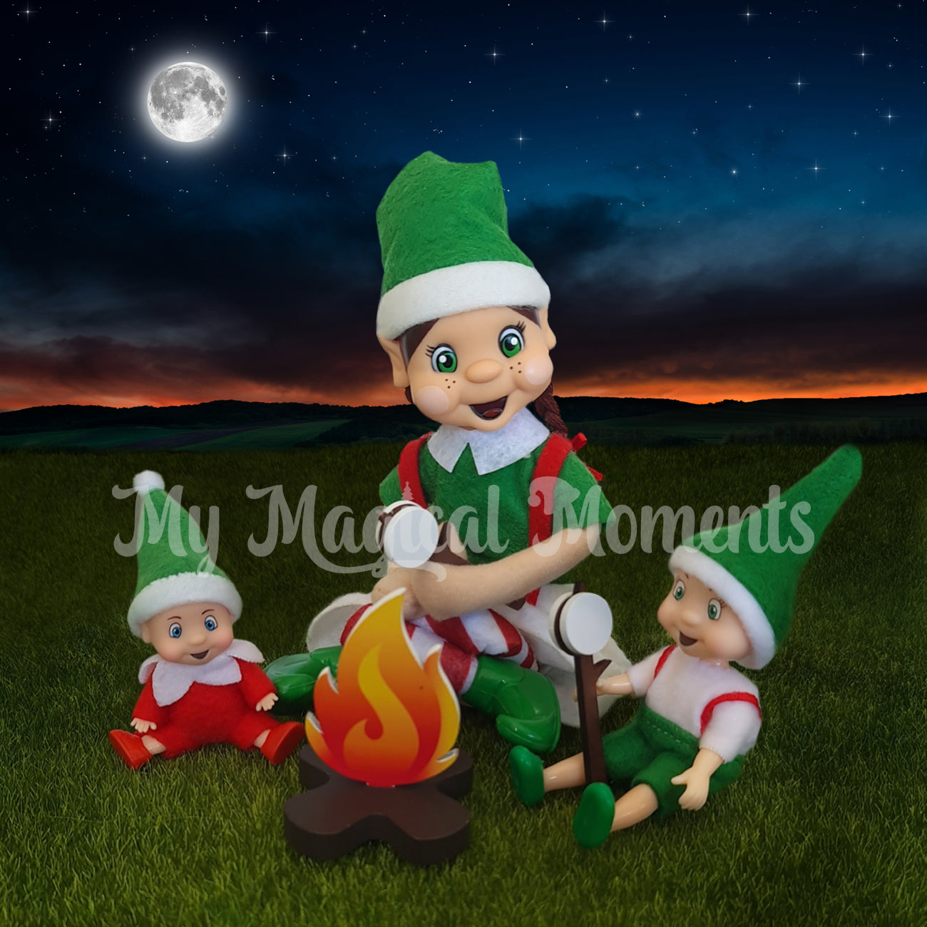 elf, elf baby and toddler Toasting Marshmallows by a miniature fire pit