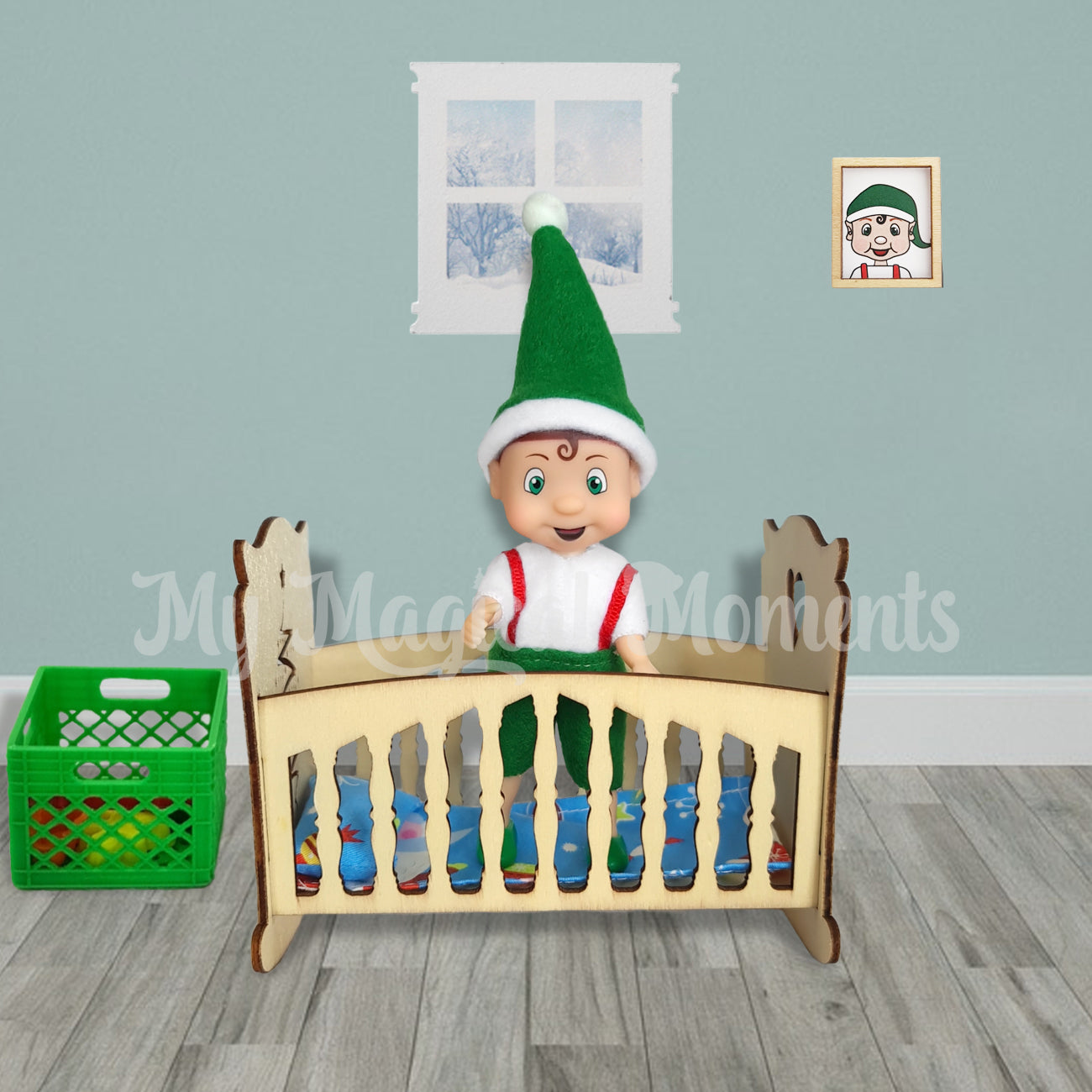 Elf toddler in miniature wooden cot
