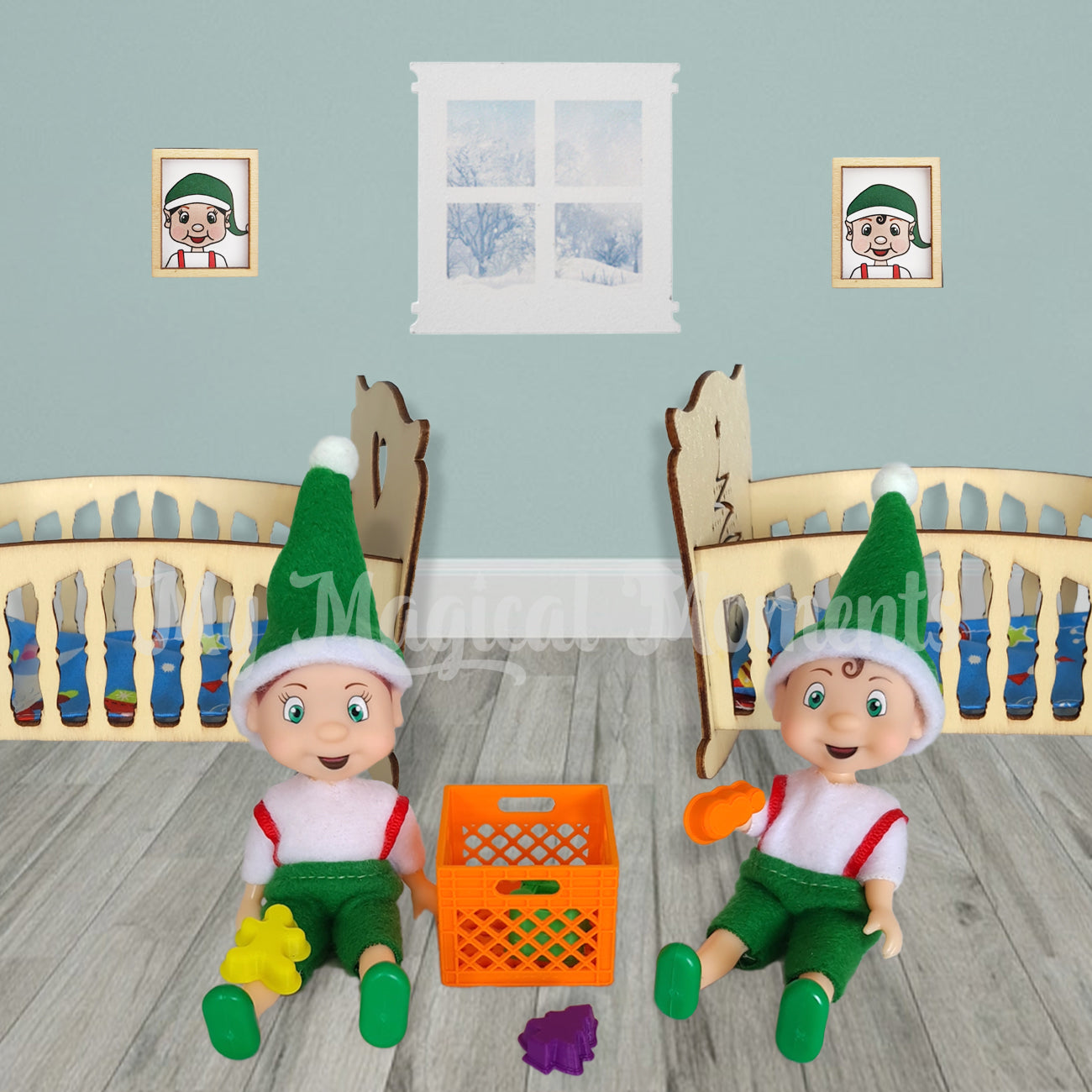 Elf toddlers playing with miniatures toys in their nursery with a cot and milk crate