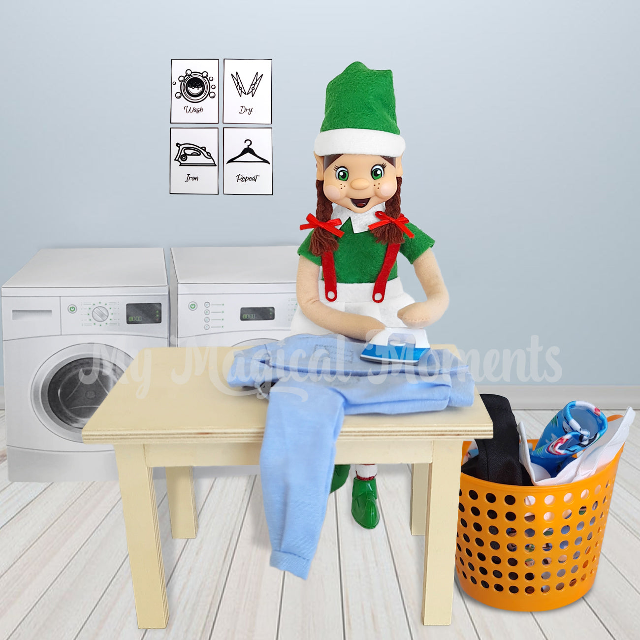 Brown Hair elf ironing clothes in an elf sized laundry