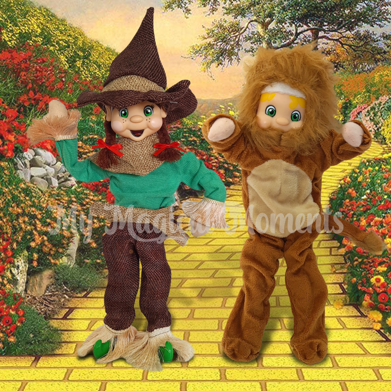 Elves dressed as a lion and scarecrow on a yellow brick road