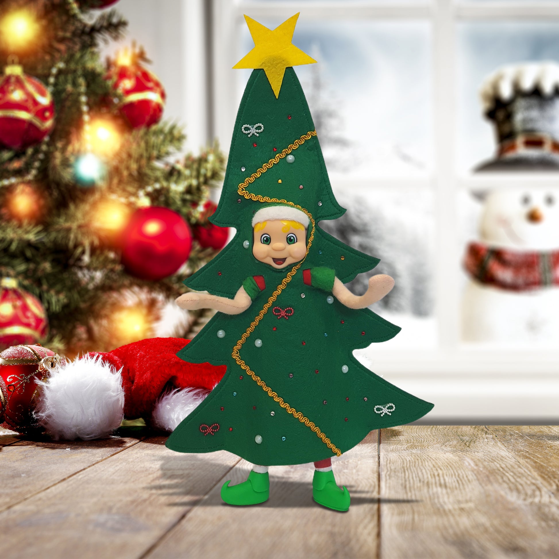 Blonde hair elf dressed as a Christmas tree