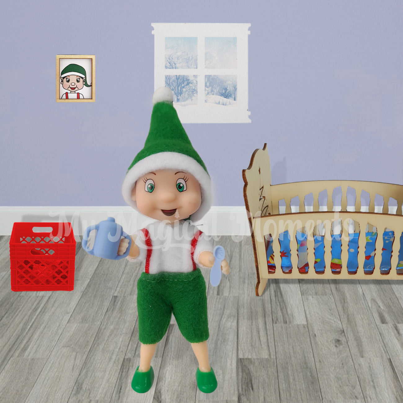 Elf toddler holding a sippy cup in their bedroom with a miniature cot and red milk crate