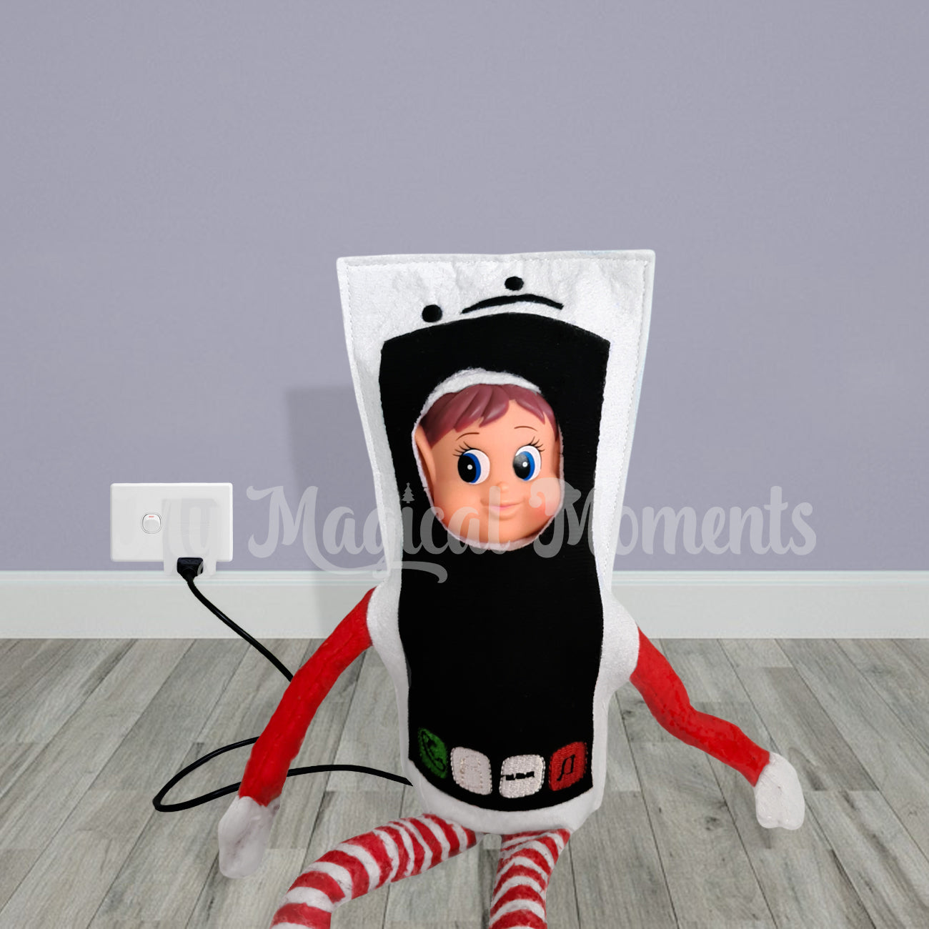 elf dressed as phone rechargin