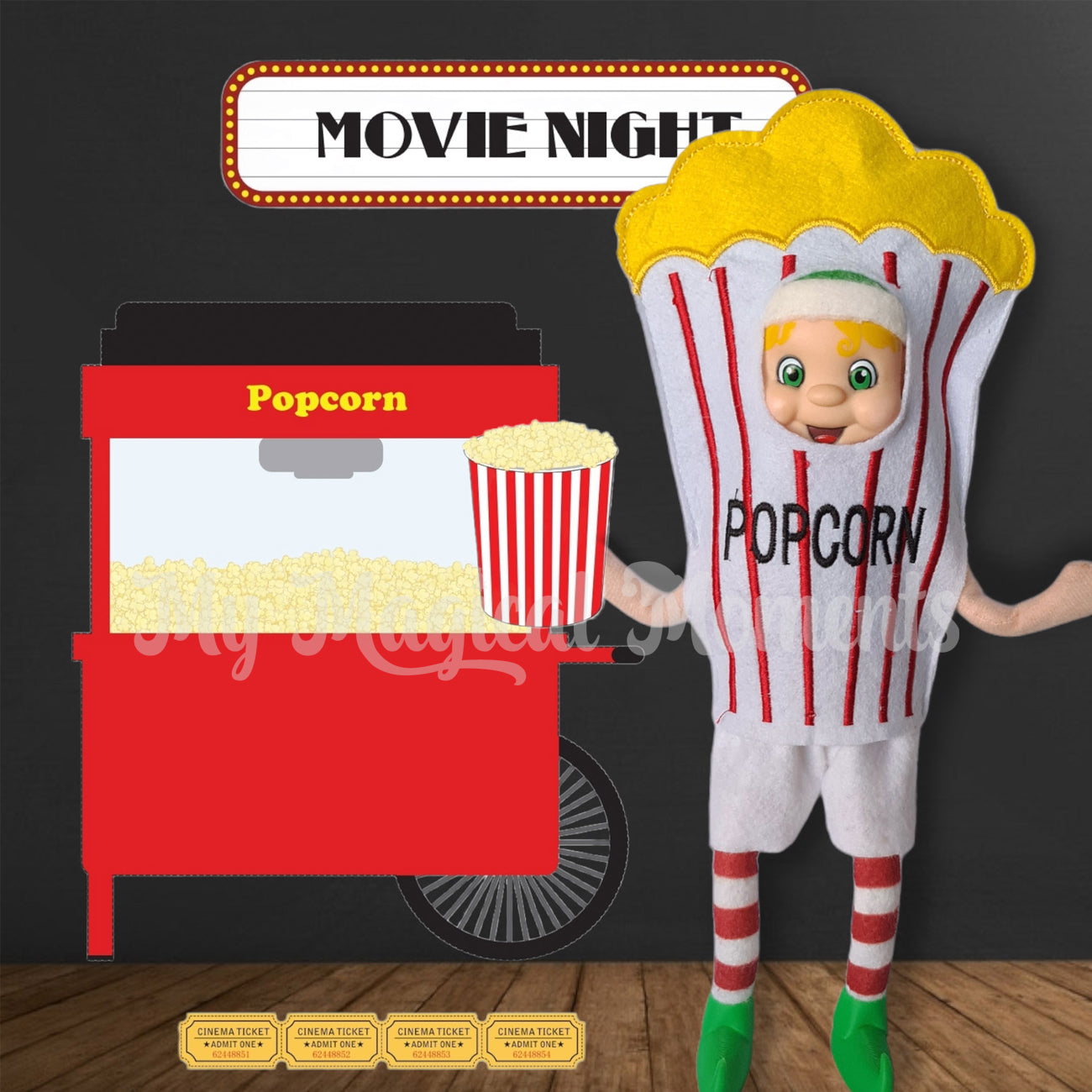Elf wearing a popcorn costume with a movie night