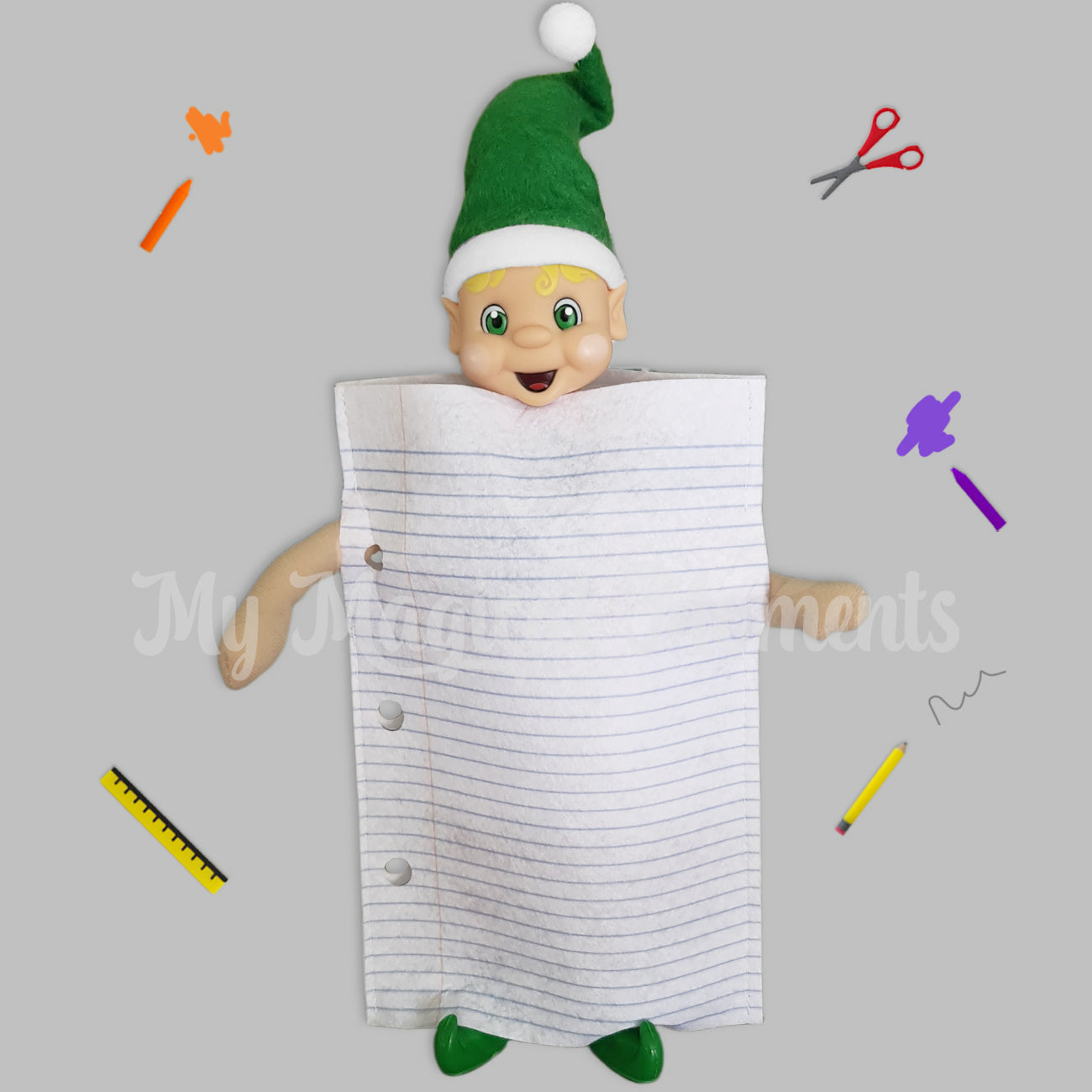 Blonde hair elf dressed in a paper costume, with miniature scissors and pencils around him