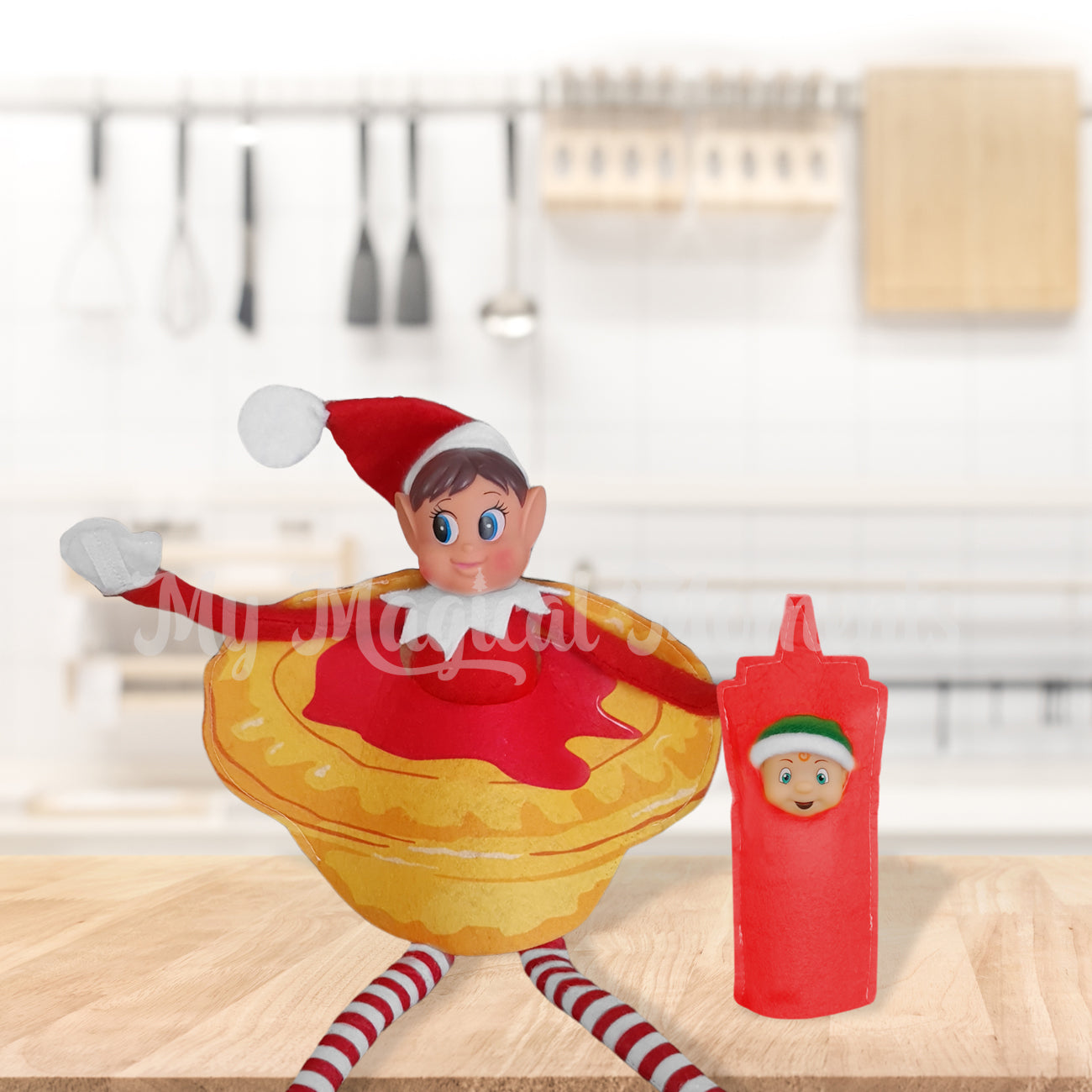 Elves behavin badly dressed as a pie with a elf toddler as tomato sauce