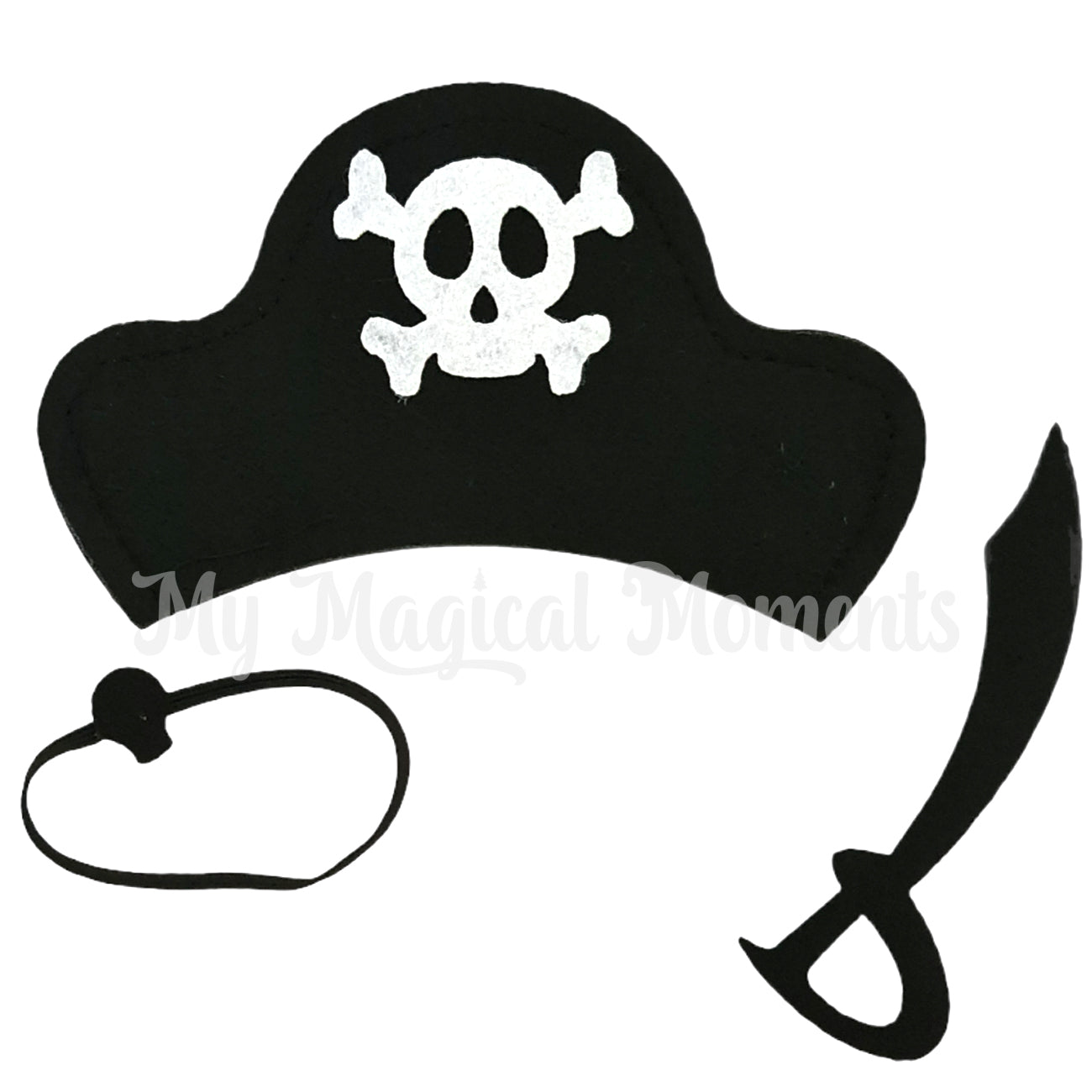 Elf pirate costume with hat, sword and eye patch