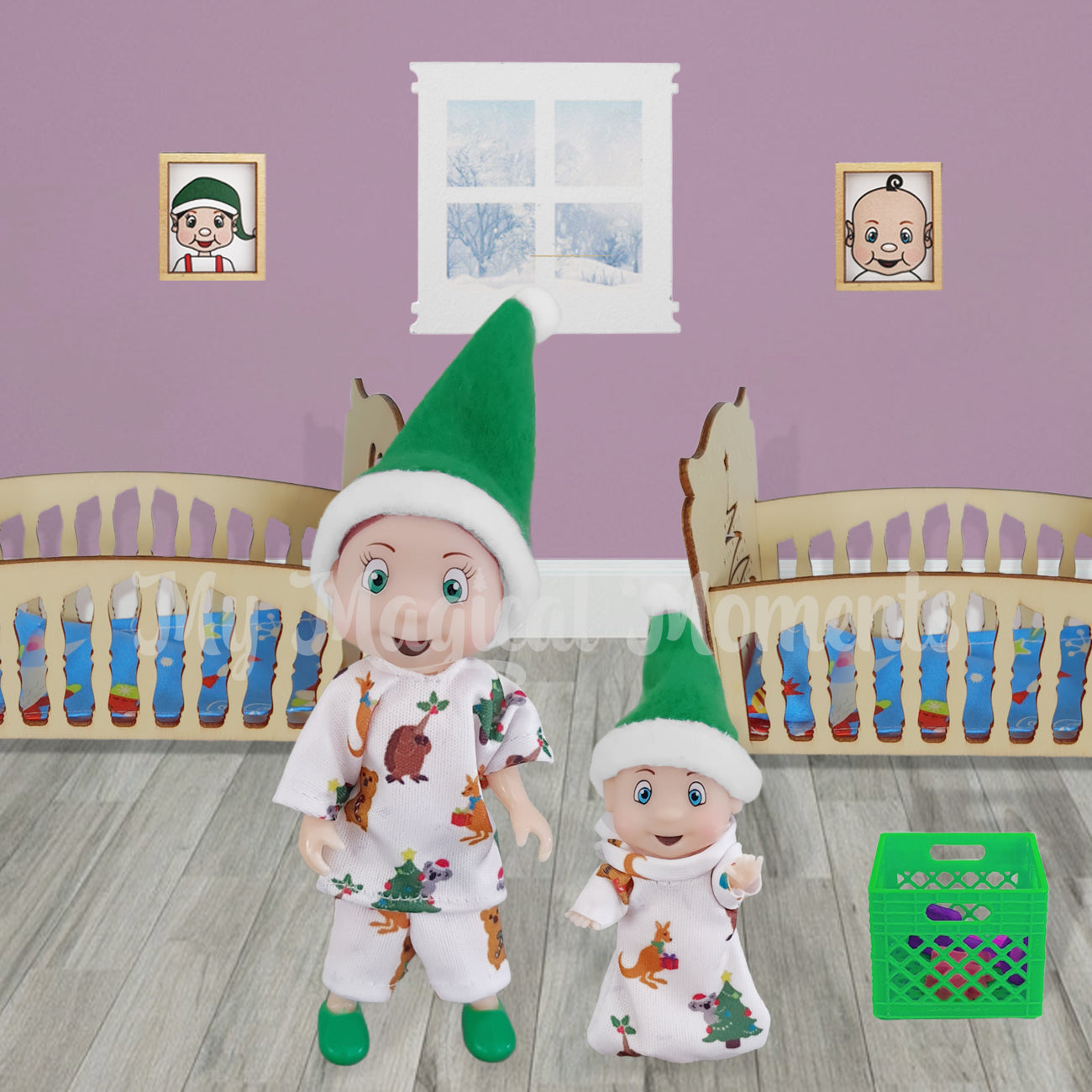Elf toddler and elf baby wearing matching sleepwear