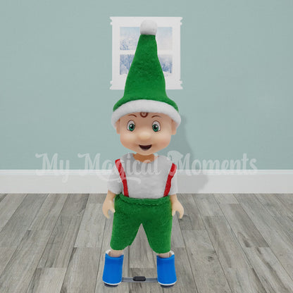 Toddler elf wearing blue 3d printed ponseti boots