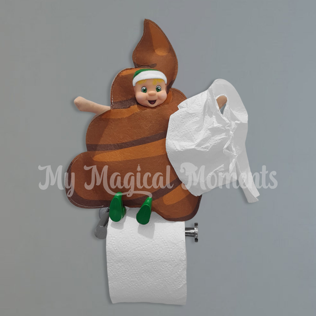 elf in a poop costume on toilet paper