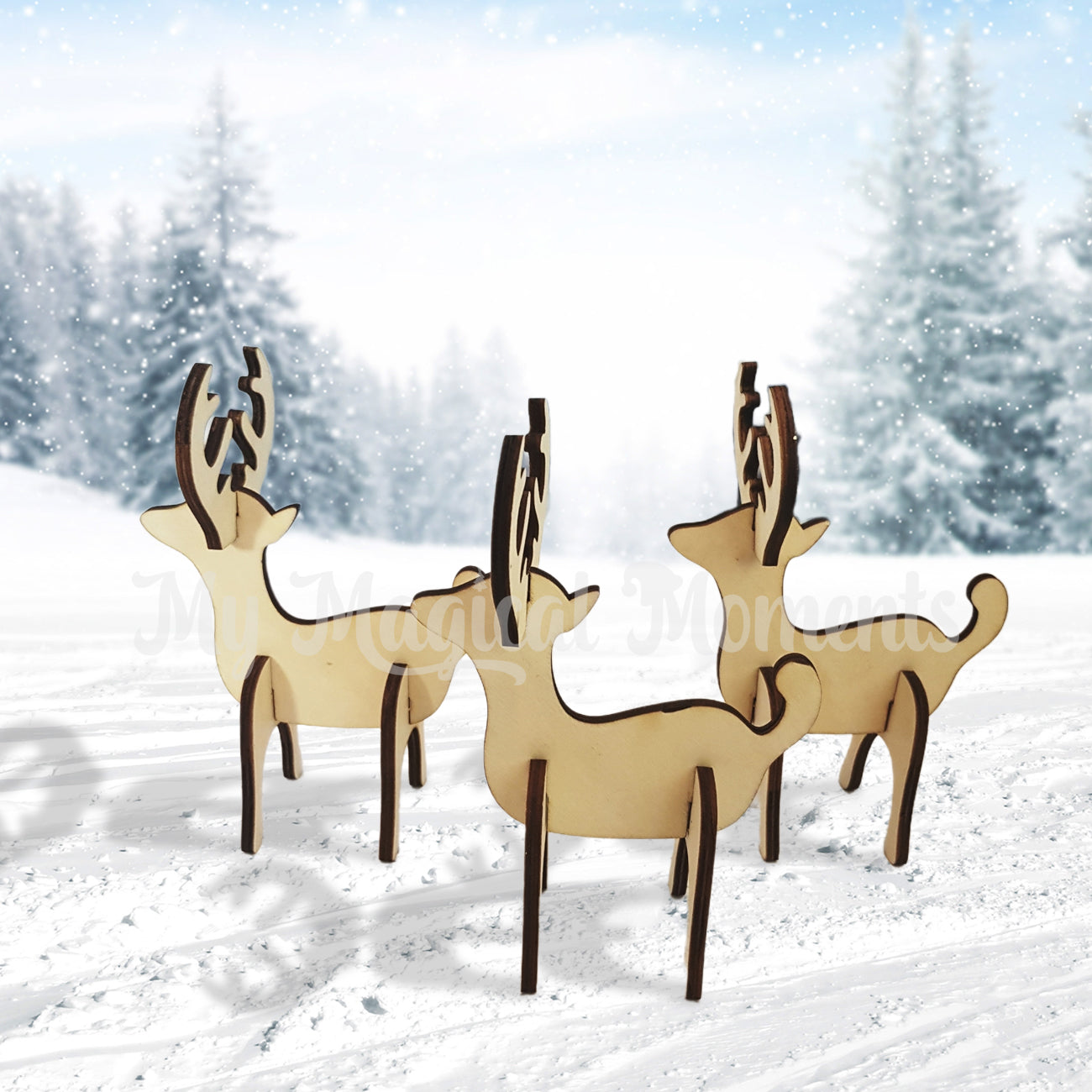 Wooden reindeer decorations side view