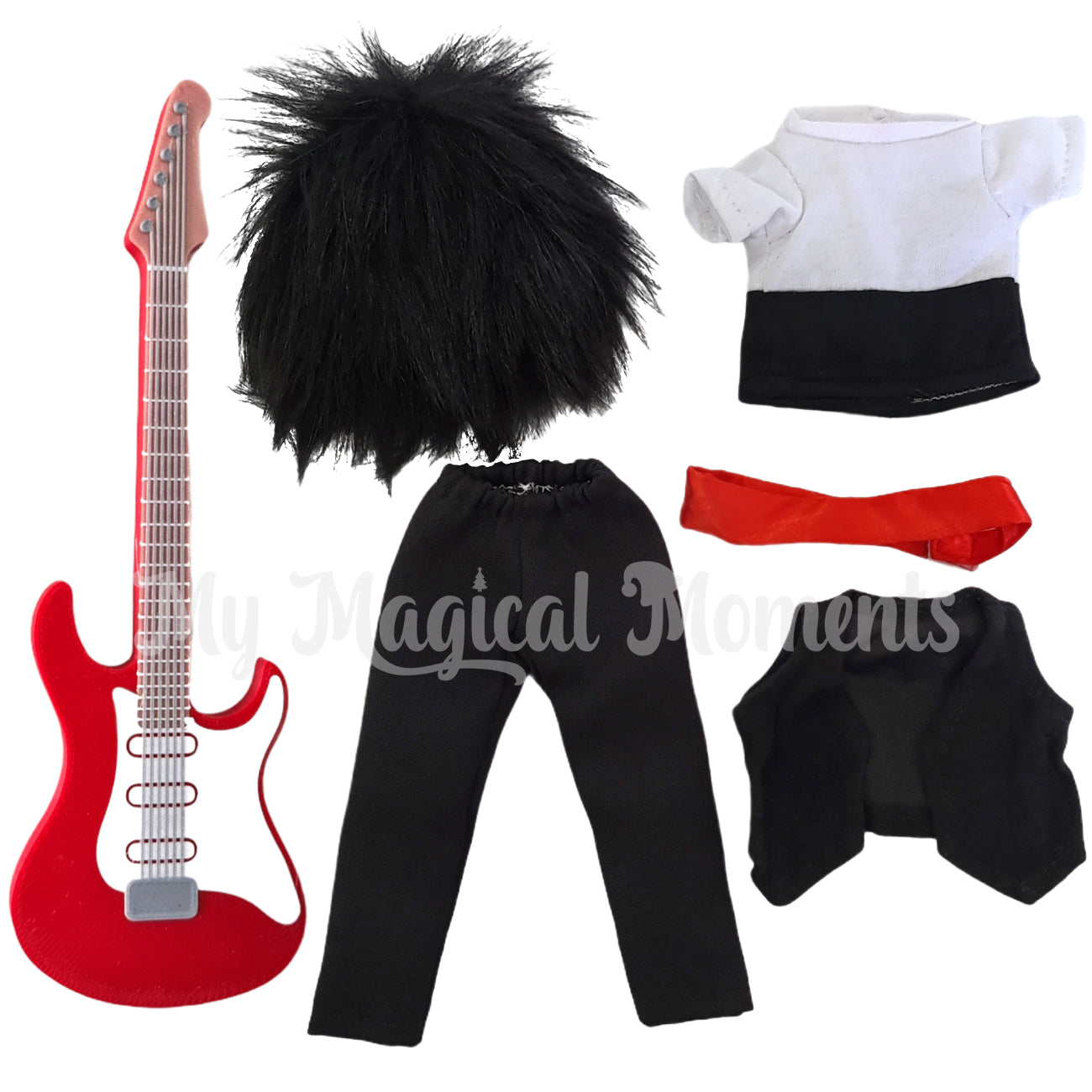 Rockstar elf outfit, black wig, rocker vest, miniature red and white electric guitar