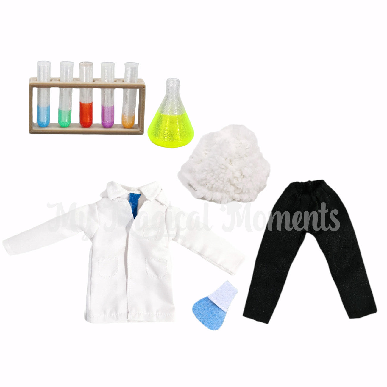 Elf sized scientist with chemistry set, beaker, test tubes, lab coat, white wig and pants