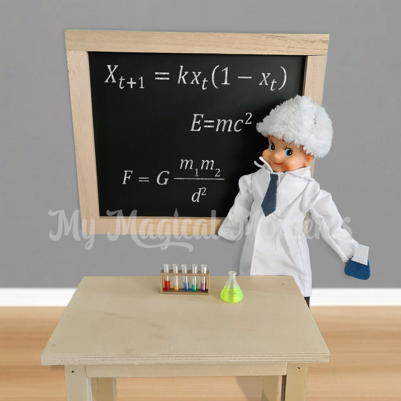 Scientist elf teaching a class of science with miniature beaker, test tubes and holder