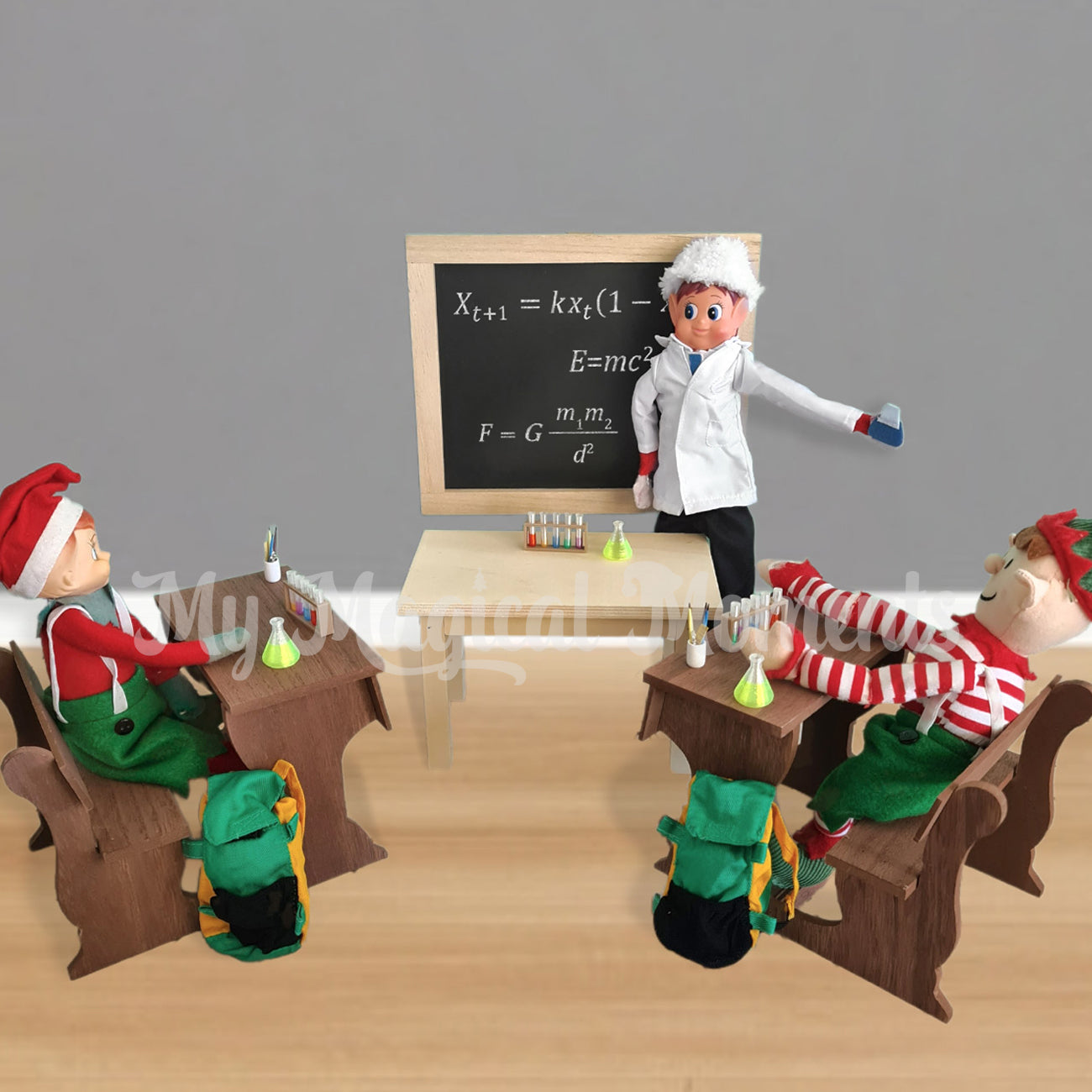 Elf School with a miniature chalkboard, science teacher, chemistry set, school desks and backpacks