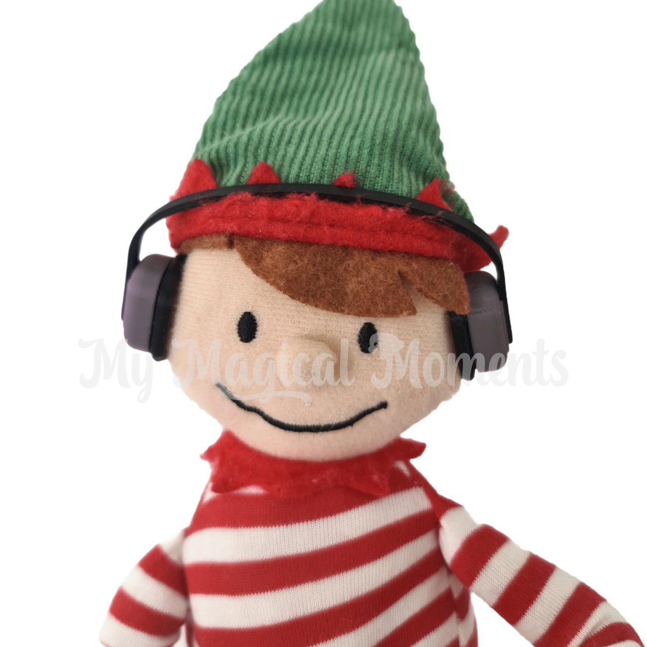 Elf for christmas wearing grey headphones