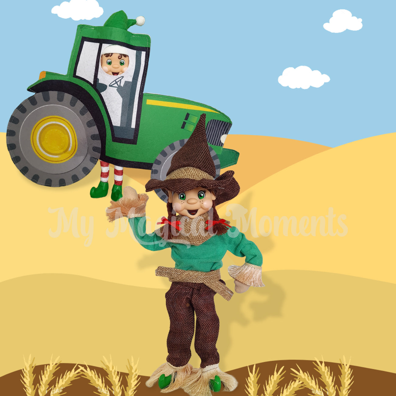 Elf Dressed as a scarecrow with a tractor elf