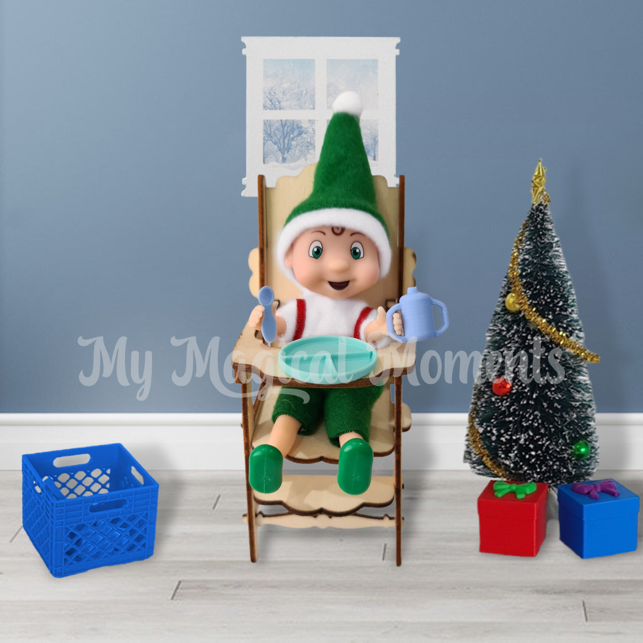 elf toddler in high chair eating