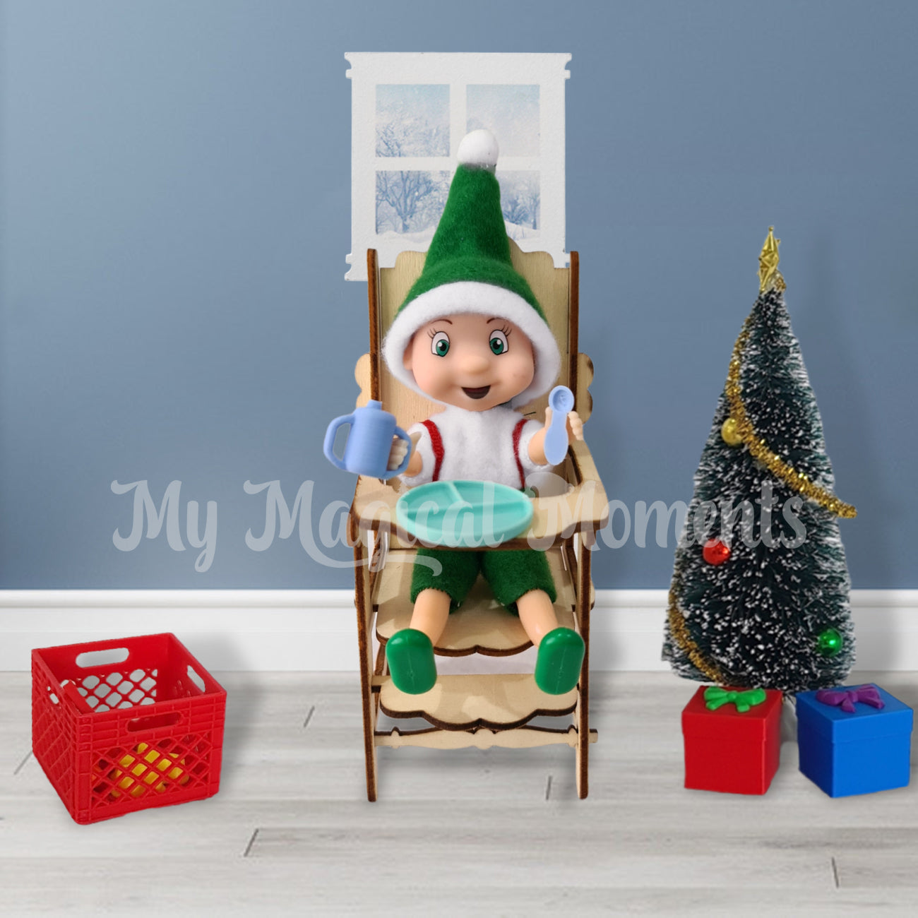 elf toddler in high chair eating