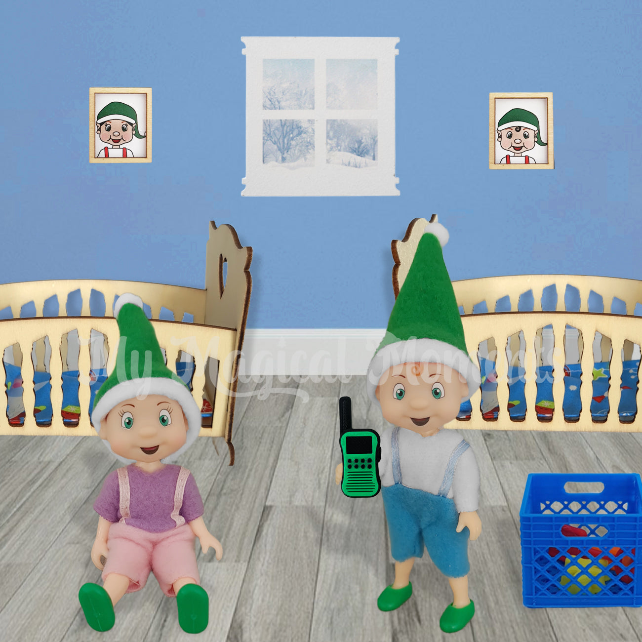 Elf toddlers playing with walkie talkies in their nursery