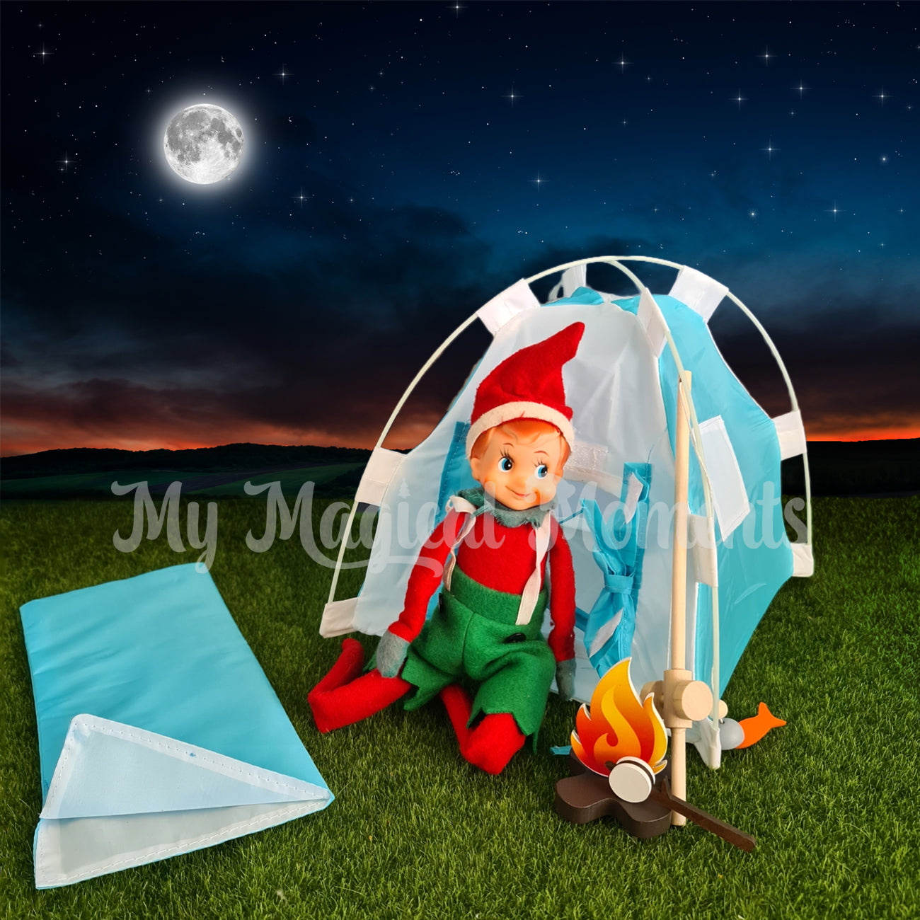 Elf for christmas camping with a tent, sleeping bag and miniature fire pit