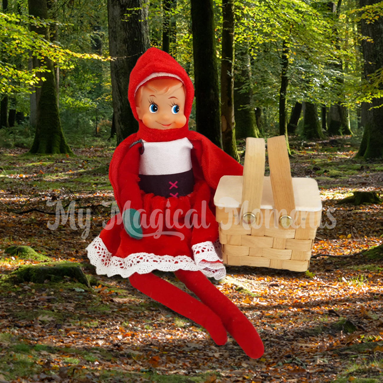 elf wearing a red riding hood outfit with miniature picnic basket