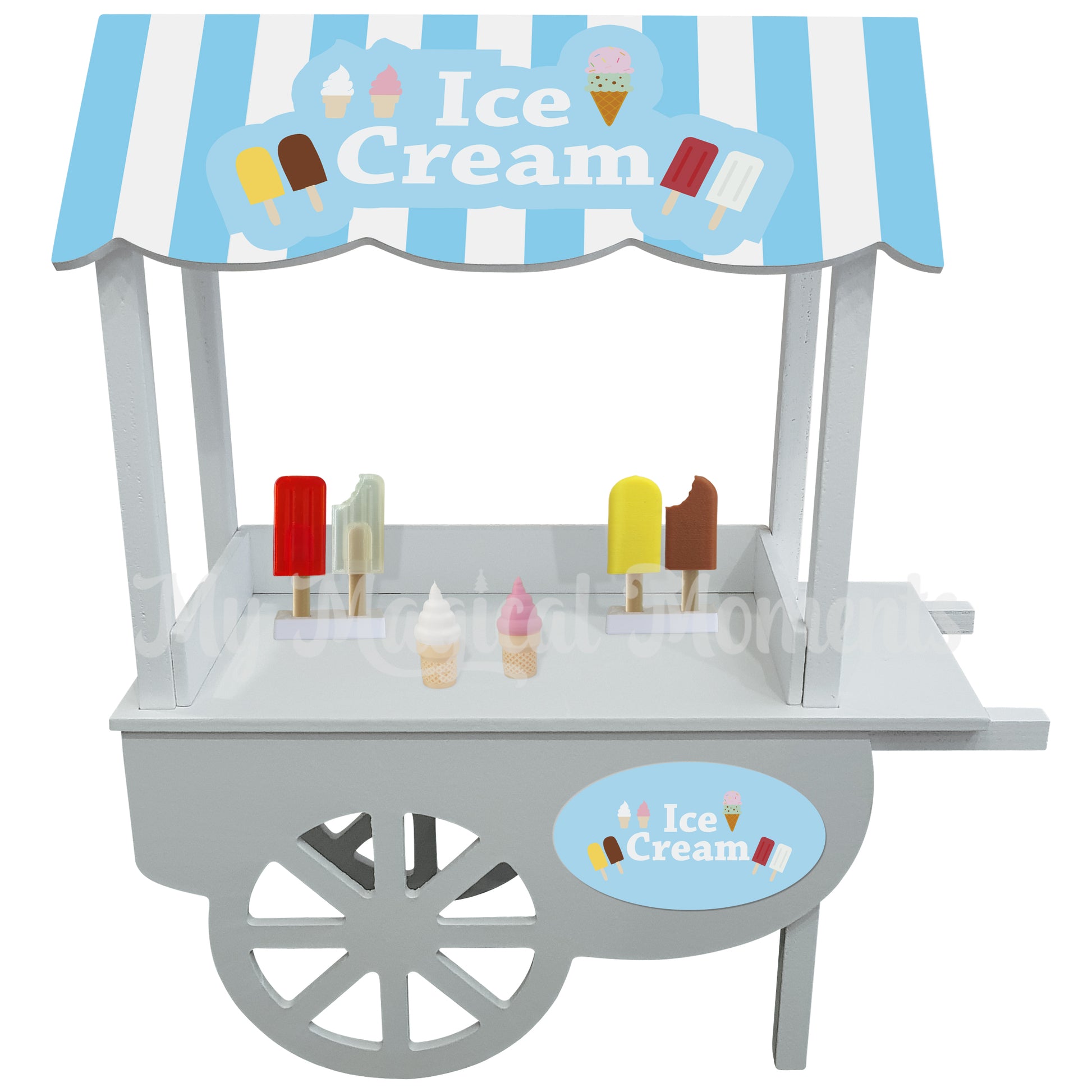 Elf ice cream cart with miniature paddle pops, icy poles and soft serves