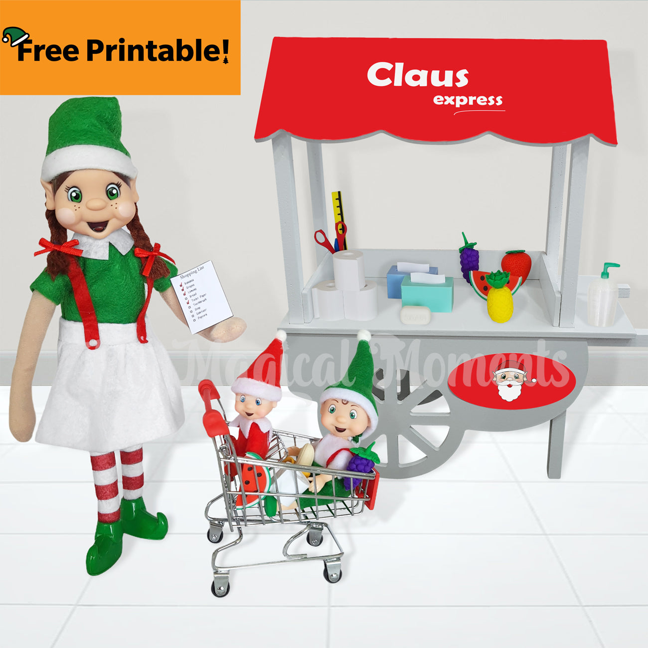 Elf Shopping at a mini mart, claus express. With miniature elf shopping props. She has a shopping list and elf toddler, Baby toddler in her shopping cart