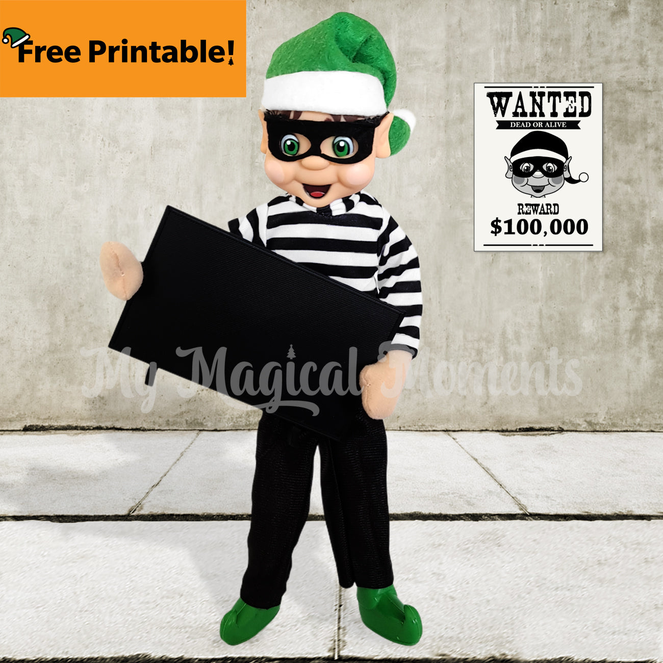 Elf wanted poster stealing a tv dressed as a burglar