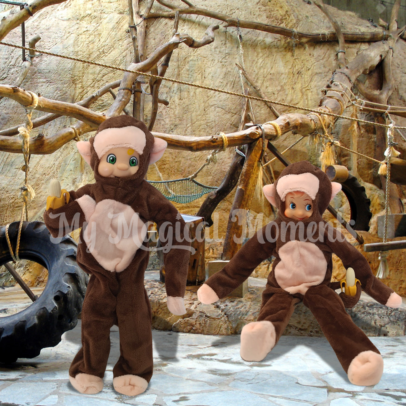 elves dressed as monkeys in a zoo
